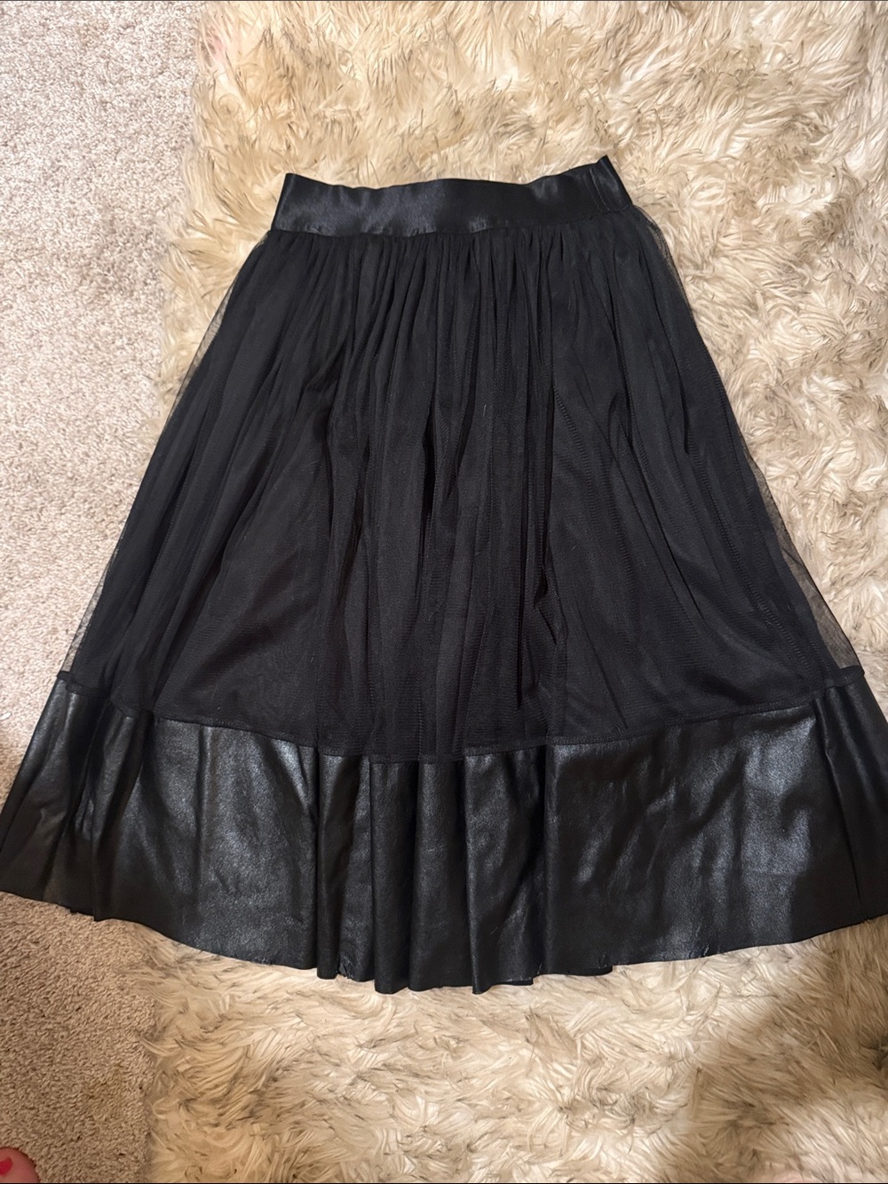 Black Mesh & Faux Leather Midi Skirt